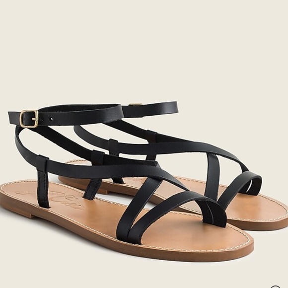 J. Crew Flat Strappy Sandal in Vachetta Leather Black Size 8.5 - Picture 1 of 12